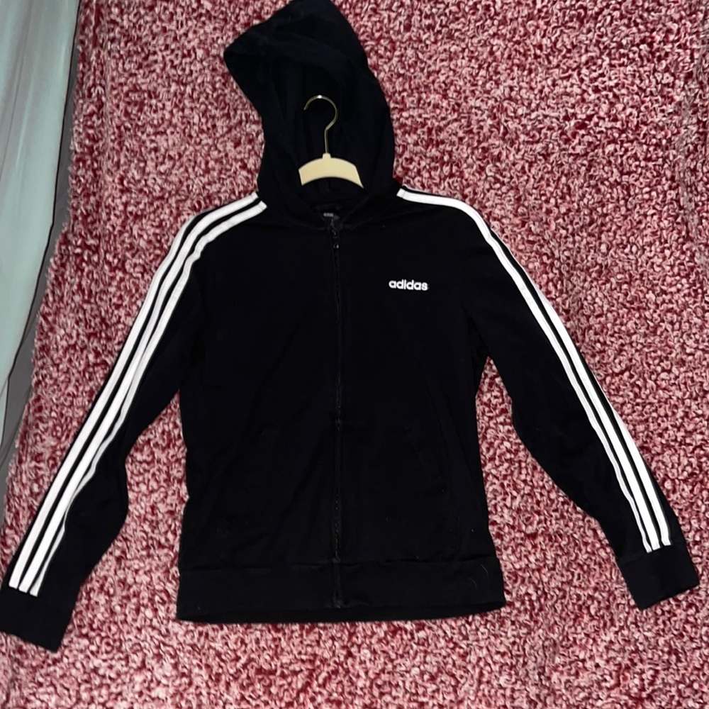 Black and white zip up Adidas jacket